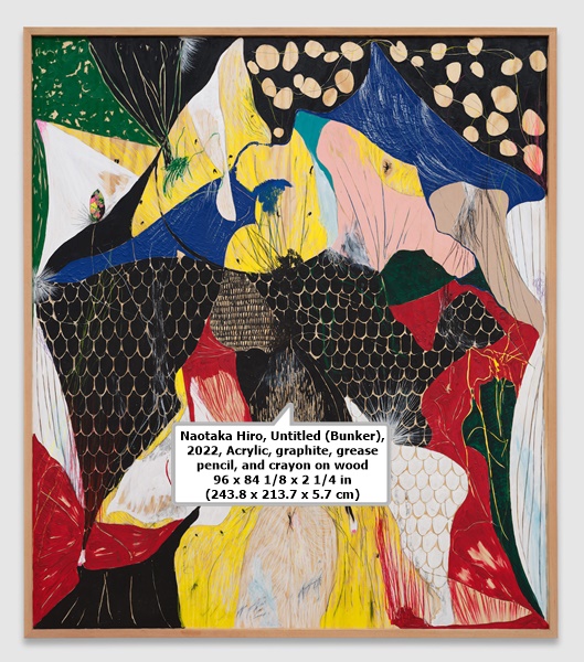 click to enlarge- double click to reduce Naotaka Hiro, Untitled (Bunker), 2022, Acrylic, graphite, grease pencil, and crayon on wood
96 x 84 1/8 x 2 1/4 in (243.8 x 213.7 x 5.7 cm)