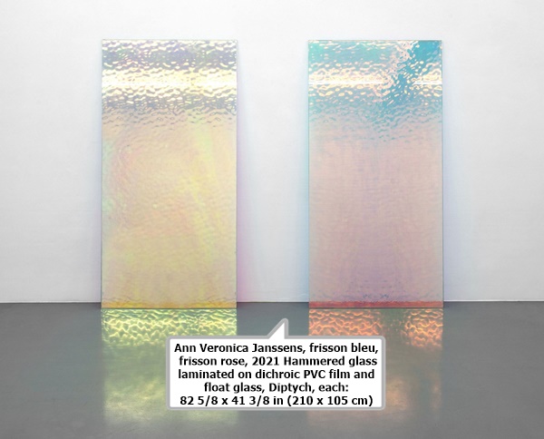click to enlarge- double click to reduce Ann Veronica Janssens, frisson bleu, frisson rose, 2021
Hammered glass laminated on dichroic PVC film and float glass, Diptych, each: 82 5/8 x 41 3/8 in (210 x 105 cm)