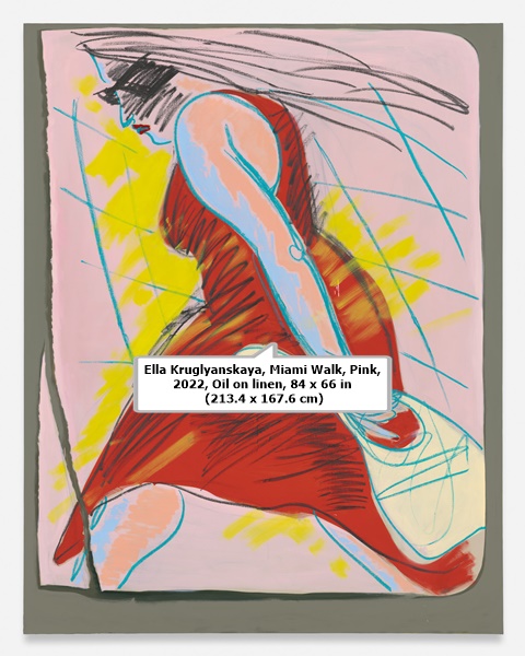 click to enlarge- double click to reduce Ella Kruglyanskaya, Miami Walk, Pink, 2022, Oil on linen, 84 x 66 in (213.4 x 167.6 cm)
