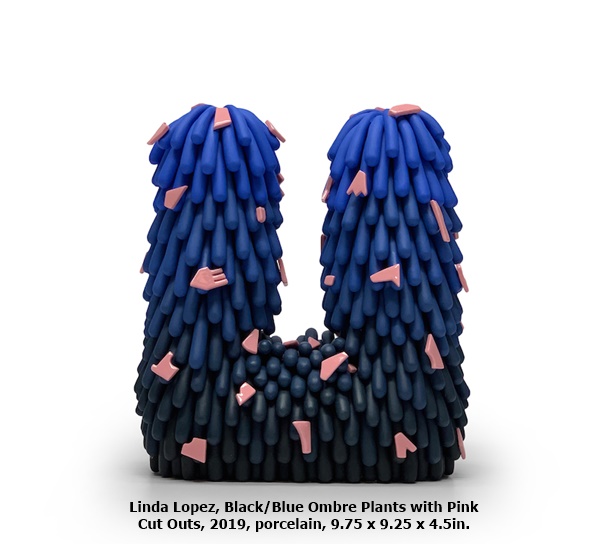 Linda Lopez, Black/Blue Ombre Plants with Pink Cut Outs, 2019, porcelain, 9.75 x 9.25 x 4.5in.
