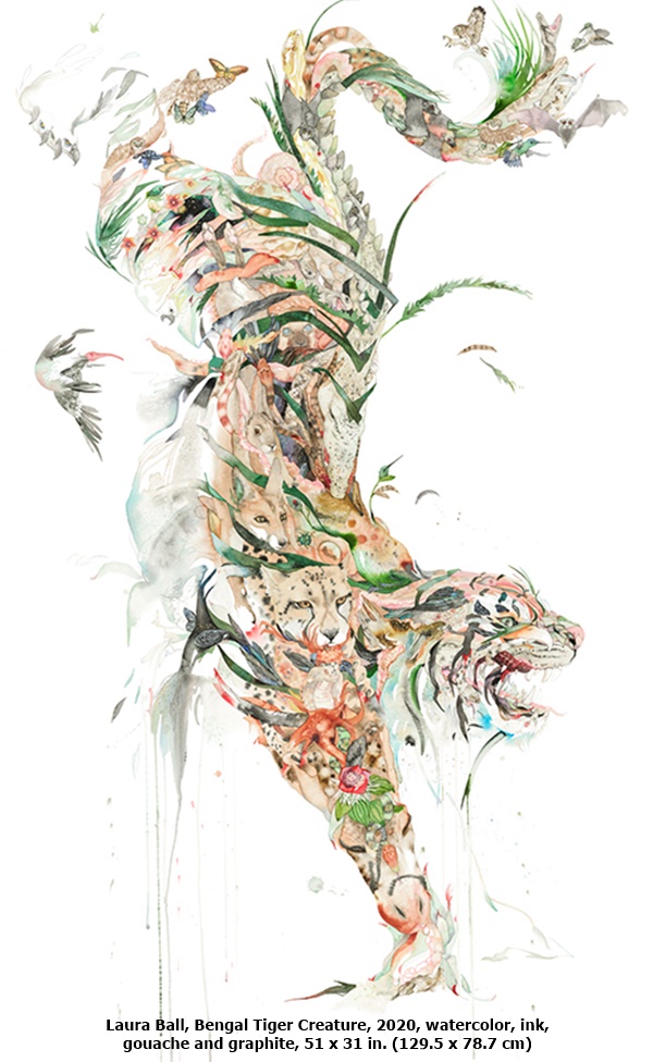 Laura Ball, Bengal Tiger Creature, 2020, watercolor, ink, gouache and graphite, 51 x 31 in. (129.5 x 78.7 cm)