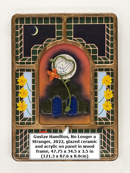 click to enlarge- double click to reduce Gustav Hamilton, No Longer a Stranger, 2022, glazed ceramic and acrylic on panel in wood frame, 47.75 x 34.5 x 3.5 in (121.3 x 87.6 x 8.9cm)
