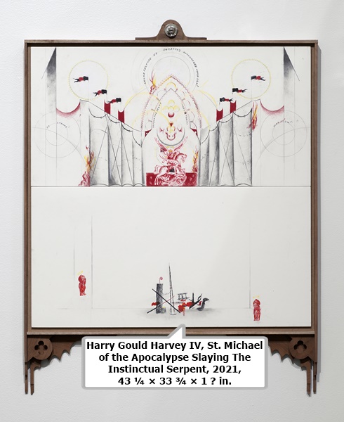 click to enlarge- double click to reduce Harry Gould Harvey IV, St. Michael of the Apocalypse Slaying The Instinctual Serpent, 2021,
43 ¼ × 33 ¾ × 1 ⅝ in.
