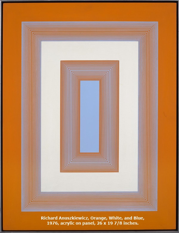 Richard Anuszkiewicz, Orange, White, and Blue,
1976, acrylic on panel, 26 x 19 7/8 inches.