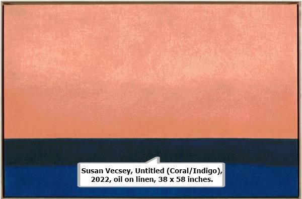 click to enlarge- double click to reduce Susan Vecsey, Untitled (Coral/Indigo), 2022, oil on linen, 38 x 58 inches.