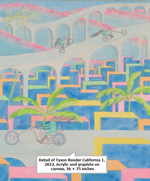 click to enlarge- double click to reduce Detail of Tyson Reeder California 1, 2022, Acrylic and graphite on canvas, 36 × 75 inches