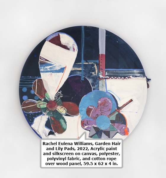 click to enlarge- double click to reduce Rachel Eulena Williams, Garden Hair and Lily Pads, 2022, Acrylic paint and silkscreen on canvas, polyester, polyvinyl fabric, and cotton rope over wood panel, 59.5 x 62 x 4 in.