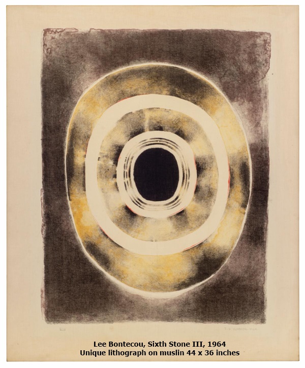 click to enlarge- double click to reduce Lee Bontecou, Sixth Stone III, 1964
Unique lithograph on muslin
44 x 36 inches