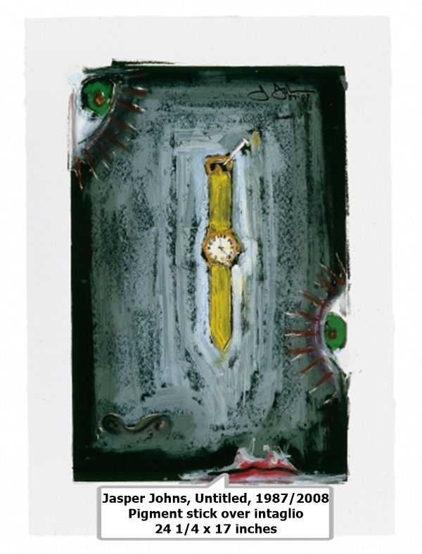 click to enlarge- double click to reduce Jasper Johns, Untitled, 1987/2008
Pigment stick over intaglio
24 1/4 x 17 inches
