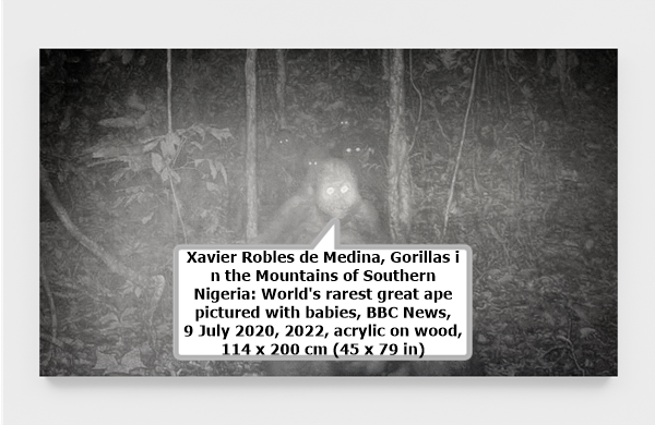 click to enlarge- double click to reduce Xavier Robles de Medina, Gorillas in the Mountains of Southern Nigeria: World's rarest great ape pictured with babies, BBC News, 9 July 2020, 2022, acrylic on wood, 114 x 200 cm (45 x 79 in)