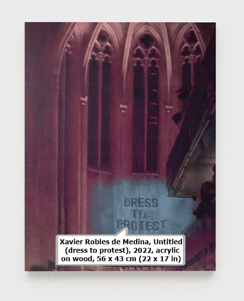 click to enlarge- double click to reduce Xavier Robles de Medina, Untitled (dress to protest), 2022, acrylic on wood, 56 x 43 cm (22 x 17 in)