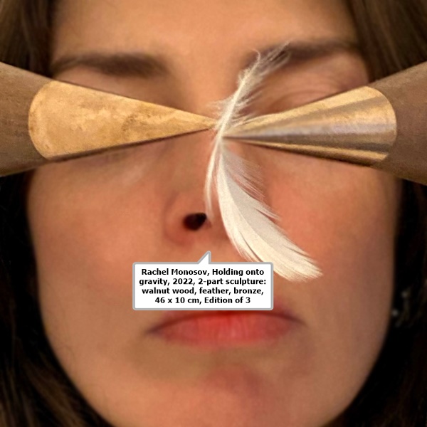 click to enlarge- double click to reduce Rachel Monosov, Holding onto gravity, 2022, 2-part sculpture: walnut wood, feather, bronze, 46 x 10 cm, Edition of 3