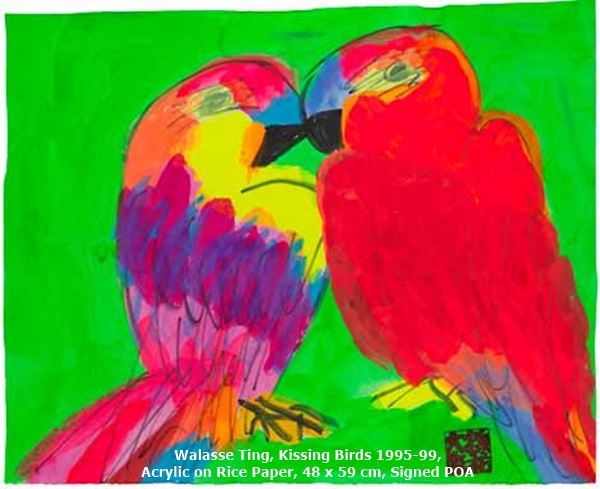 click to enlarge- double click to reduce Walasse Ting, Kissing Birds 1995-99,
Acrylic on Rice Paper, 48 x 59 cm, Signed POA