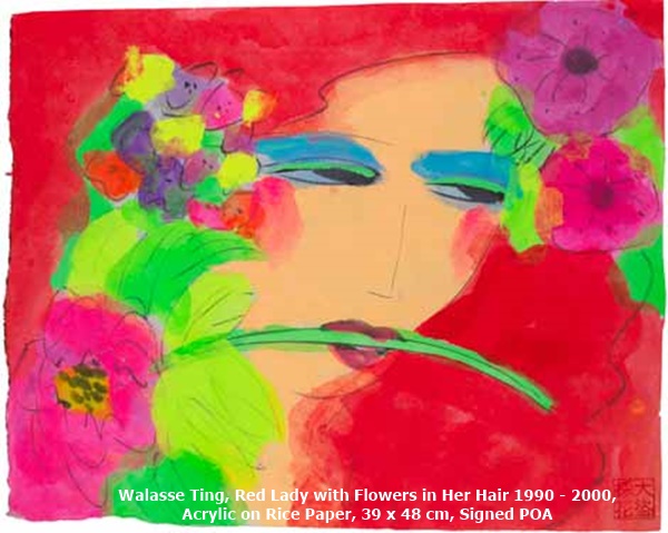 click to enlarge- double click to reduce Walasse Ting, Red Lady with Flowers in Her Hair 1990 - 2000,
Acrylic on Rice Paper, 39 x 48 cm, Signed POA