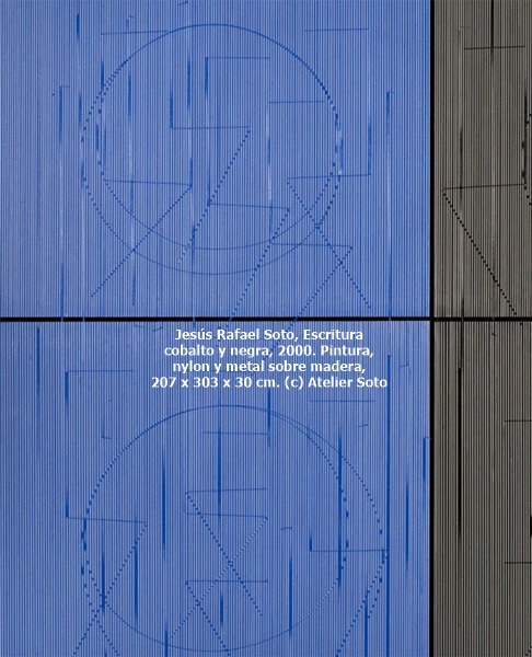 click to enlarge- double click to reduce Jesús Rafael Soto, Escritura cobalto y negra, 2000. Pintura, nylon y metal sobre madera, 207 x 303 x 30 cm. (c) Atelier Soto
