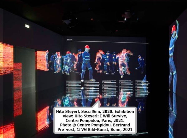 click to enlarge- double click to reduce Hito Steyerl, SocialSim, 2020. Exhibition view: Hito Steyerl: I Will Survive, Centre Pompidou, Paris, 2021. Photo © Centre Pompidou, Bertrand Prévost, © VG Bild-Kunst, Bonn, 2021