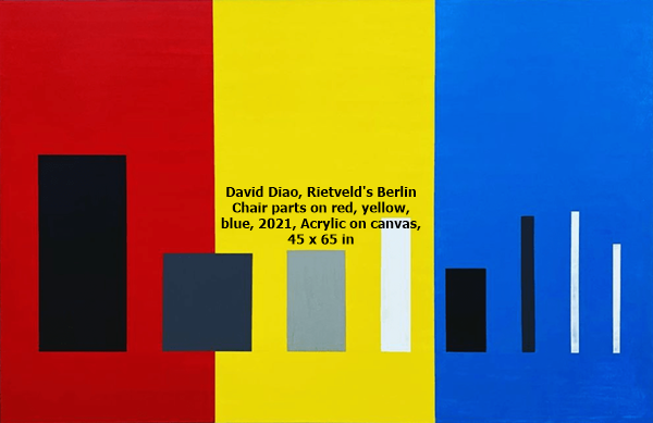 click to enlarge- double click to reduce David Diao, Rietveld's Berlin Chair parts on red, yellow, blue, 2021, Acrylic on canvas, 45 x 65 in