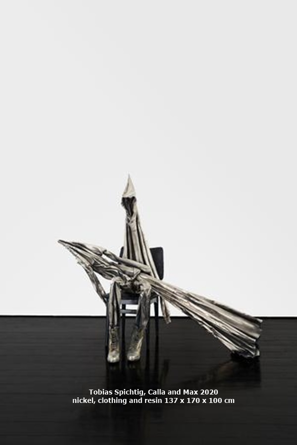 click to enlarge- double click to reduce Tobias Spichtig, Calla and Max 2020 nickel, clothing and resin 137 x 170 x 100 cm