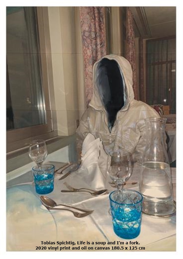 click to enlarge- double click to reduce Tobias Spichtig, Life is a soup and I’m a fork. 2020 vinyl print and oil on canvas 180.5 x 125 cm