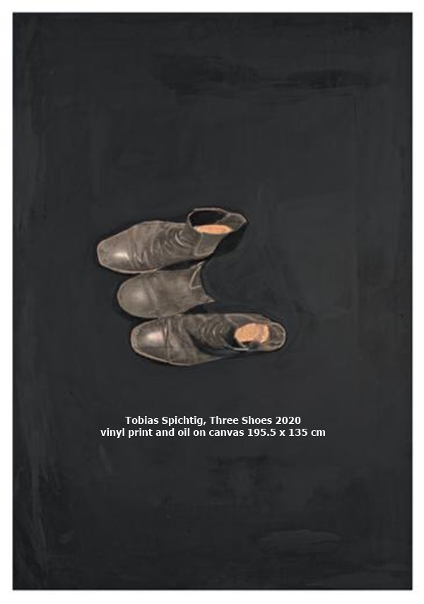 click to enlarge- double click to reduce Tobias Spichtig, Three Shoes 2020 vinyl print and oil on canvas 195.5 x 135 cm