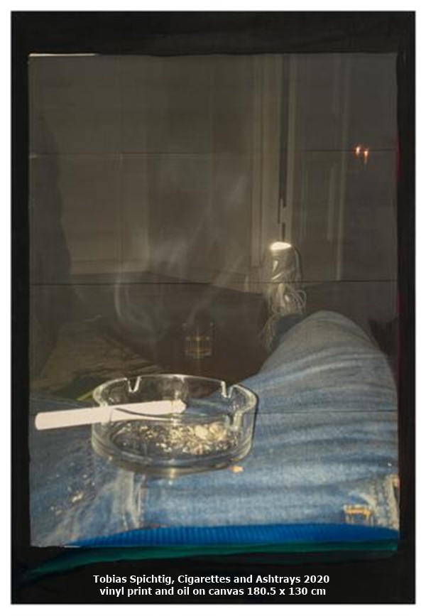 click to enlarge- double click to reduce Tobias Spichtig, Cigarettes and Ashtrays 2020 vinyl print and oil on canvas 180.5 x 130 cm
