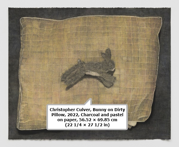 click to enlarge- double click to reduce Christopher Culver, Bunny on Dirty Pillow, 2022, Charcoal and pastel on paper, 56.52 × 69.85 cm (22 1/4 × 27 1/2 in)