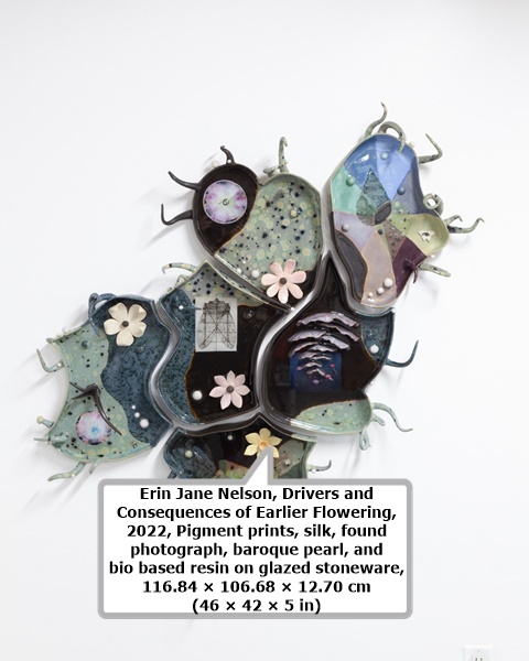 click to enlarge- double click to reduce Erin Jane Nelson, Drivers and Consequences of Earlier Flowering, 2022, Pigment prints, silk, found photograph, baroque pearl, and bio based resin on glazed stoneware, 116.84 × 106.68 × 12.70 cm (46 × 42 × 5 in)