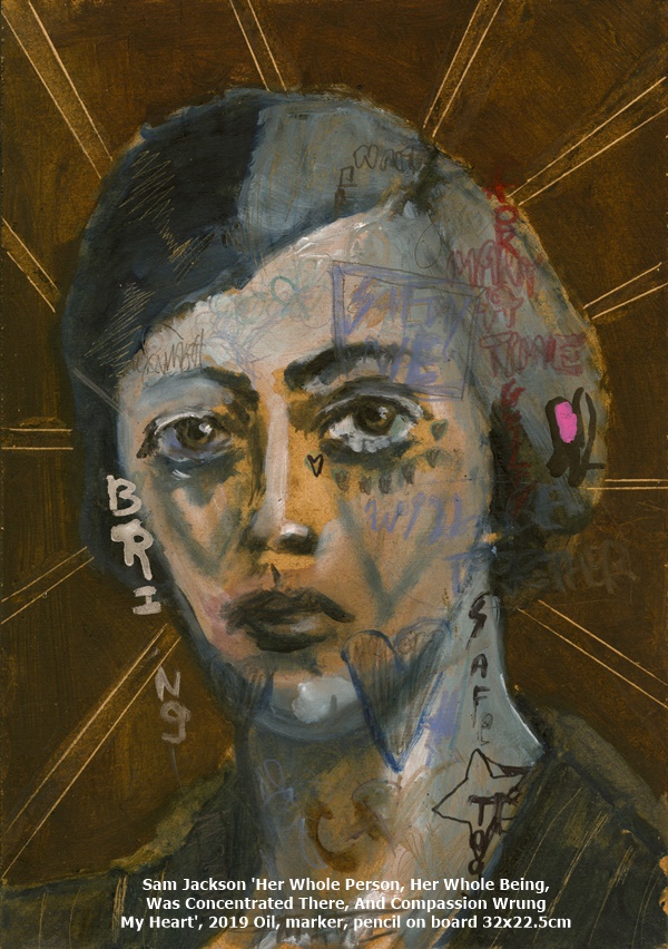 Sam Jackson 'Her Whole Person, Her Whole Being, Was Concentrated There, And Compassion Wrung My Heart', 2019 Oil, marker, pencil on board 32x22.5cm