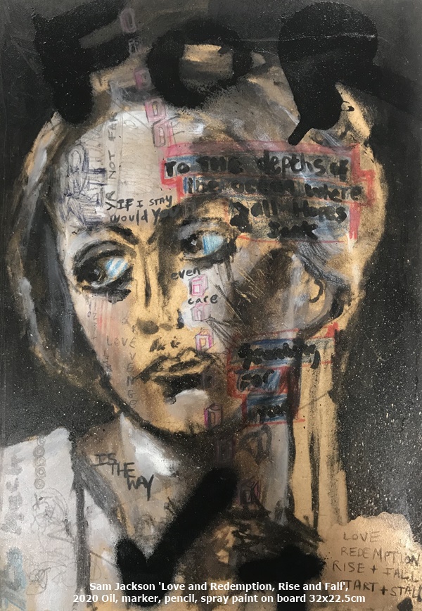 Sam Jackson 'Love and Redemption, Rise and Fall', 2020 Oil, marker, pencil, spray paint on board 32x22.5cm