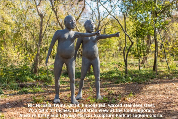 Nic Nicosia, twins, 2018, unpolished, waxed stainless steel, 79 x 59 x 53 inches. Installation view at the Contemporary Austin's Betty and Edward Marcus Sculpture Park at Laguna Gloria. 