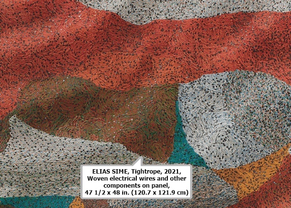 click to enlarge- double click to reduce ELIAS SIME, Tightrope, 2021, Woven electrical wires and other components on panel, 47 1/2 x 48 in. (120.7 x 121.9 cm)