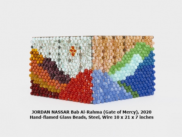 click to enlarge- double click to reduce JORDAN NASSAR
Bab Al-Rahma (Gate of Mercy), 2020
Hand-flamed Glass Beads, Steel, Wire
10 x 21 x 7 inches