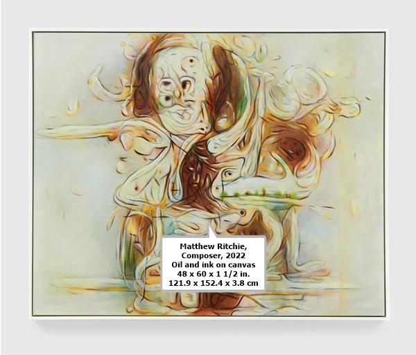 click to enlarge- double click to reduce Matthew Ritchie,Composer, 2022
Oil and ink on canvas
48 x 60 x 1 1/2 in.
121.9 x 152.4 x 3.8 cm