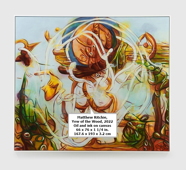 click to enlarge- double click to reduce Matthew Ritchie, Yew of the Wood, 2022
Oil and ink on canvas
66 x 76 x 1 1/4 in.
167.6 x 193 x 3.2 cm