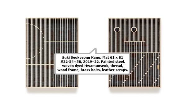 click to enlarge- double click to reduce Suki Seokyeong Kang, Mat 61 x 81 #22-54+58, 2019–22, Painted steel, woven dyed Hwamunseok, thread, wood frame, brass bolts, leather scraps.