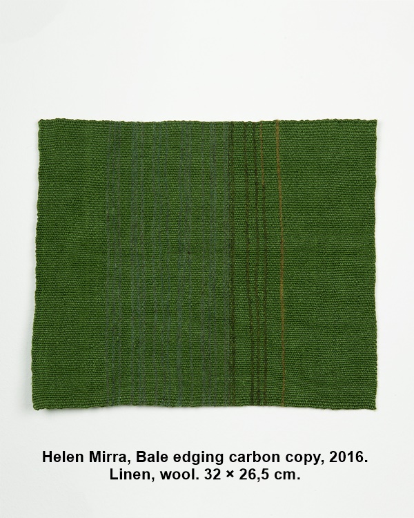 Helen Mirra, Bale edging carbon copy, 2016.
Linen, wool. 32 × 26,5 cm.