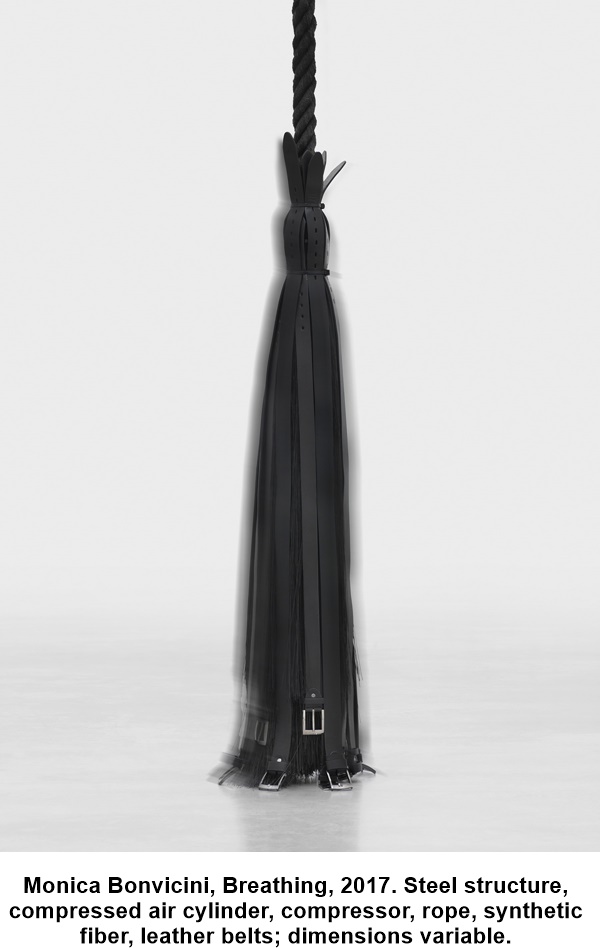 Monica Bonvicini, Breathing, 2017. Steel structure, compressed air cylinder, compressor, rope, synthetic fiber, leather belts; dimensions variable.