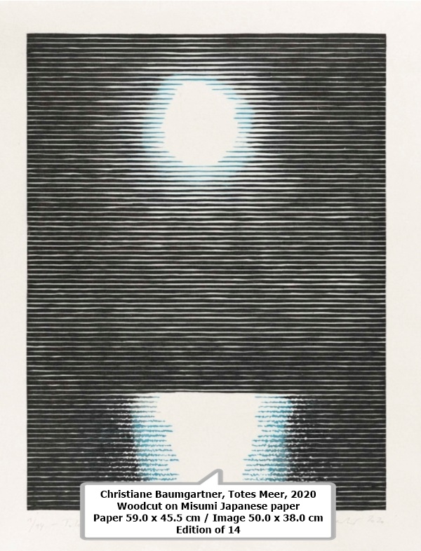 click to enlarge- double click to reduce Christiane Baumgartner
Totes Meer, 2020
Woodcut on Misumi Japanese paper
Paper 59.0 x 45.5 cm / Image 50.0 x 38.0 cm
Edition of 14