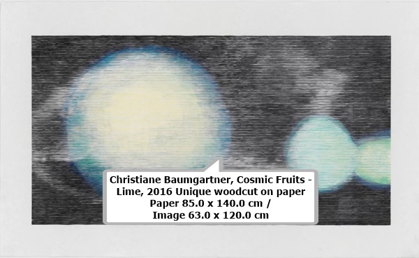 click to enlarge- double click to reduce Christiane Baumgartner
Cosmic Fruits - Lime, 2016
Unique woodcut on paper
Paper 85.0 x 140.0 cm / Image 63.0 x 120.0 cm
