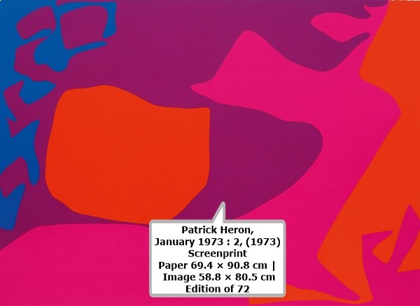 click to enlarge- double click to reduce Patrick Heron,
January 1973 : 2, (1973)
Screenprint
Paper 69.4 × 90.8 cm | Image 58.8 × 80.5 cm
Edition of 72