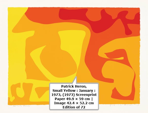 click to enlarge- double click to reduce Patrick Heron,
Small Yellow : January : 1973, (1973)
Screenprint
Paper 49.9 × 59 cm | Image 42.4 × 52.2 cm
Edition of 72