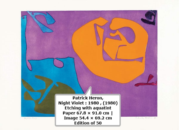 click to enlarge- double click to reduce Patrick Heron,
Night Violet : 1980 , (1980)
Etching with aquatint
Paper 67.8 × 91.0 cm | Image 54.4 × 69.2 cm
Edition of 50