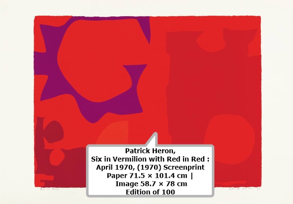 click to enlarge- double click to reduce Patrick Heron,
Six in Vermilion with Red in Red : April 1970, (1970)
Screenprint
Paper 71.5 × 101.4 cm | Image 58.7 × 78 cm
Edition of 100
