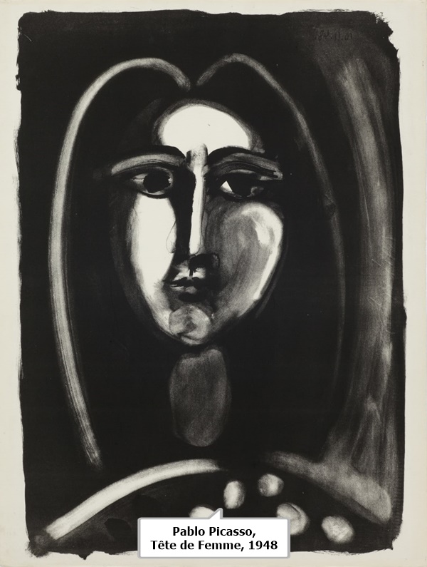 click to enlarge- double click to reduce .Tête de Femme, 1948
Lithograph from a zinc plate on vélin d’Arches wove paper
Paper and Image 65.2 x 50.2 cm
Paper and Image 25 5/8 x 19 ¾ inches
One of 5 artist proofs, Mourlot also calls for 1 printer’s proof and 2-3 trial proofs
No further proofs or edition were printed as the zinc plate was accidentally destroyed
Printed by Fernand Mourlot at L’Atelier Mourlot, Paris
Catalogue raisonné reference: Mourlot 122