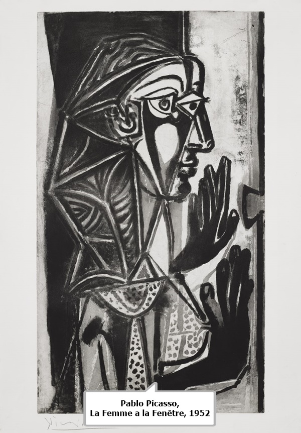 click to enlarge- double click to reduce La Femme a la Fenêtre, 1952
Aquatint on vélin d’Arches wove paper
Paper 90.4 x 63.2 / Image 83.3 x 47.1 cm
Paper 35 ½ x 24 ¾ / Image 32 ¾ x 18 ½ inches
Edition of 50
Printed by Roger Lacourière at L’Atelier Lacourière, Paris
Published by Galerie Louise Leiris, Paris
Signed in pencil
This impression from the second (final) state, one of approximately 15 proofs aside from the numbered edition
Catalogue raisonné references: Bloch 695 Baer 891.