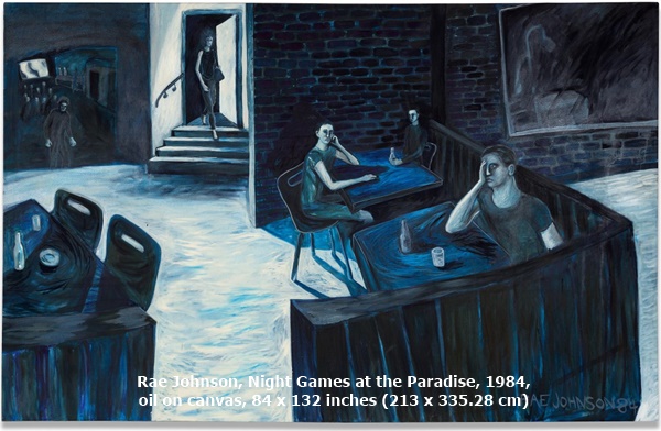 Rae Johnson, Night Games at the Paradise, 1984, oil on canvas, 84 x 132 inches (213 x 335.28 cm) 