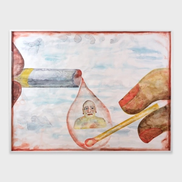 click to enlarge- double click to reduce Francesco Clemente Cigarette, 2024 Watercolor on paper 59¾ × 79½ inches (151.8 × 201.9 cm)
