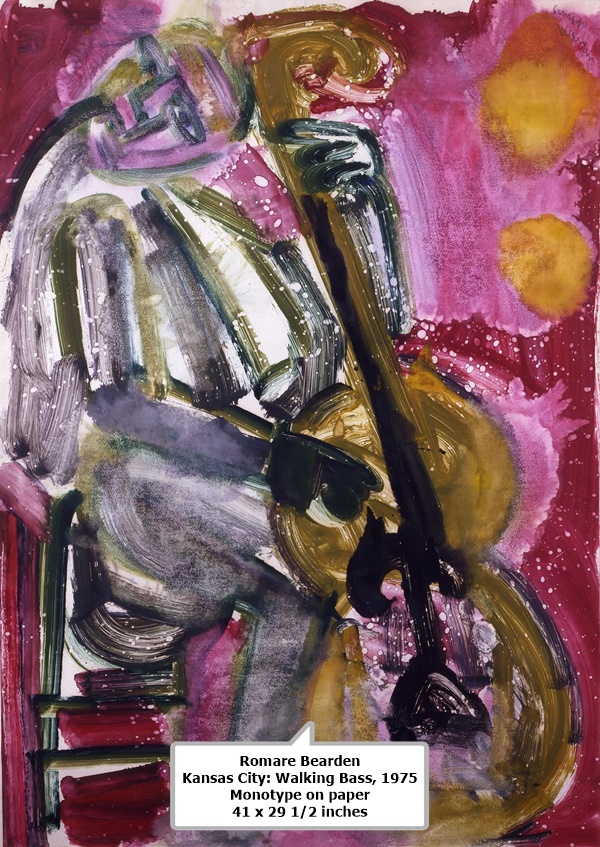click to enlarge- double click to reduce Romare Bearden
Kansas City: Walking Bass, 1975
Monotype on paper
41 x 29 1/2 inches
