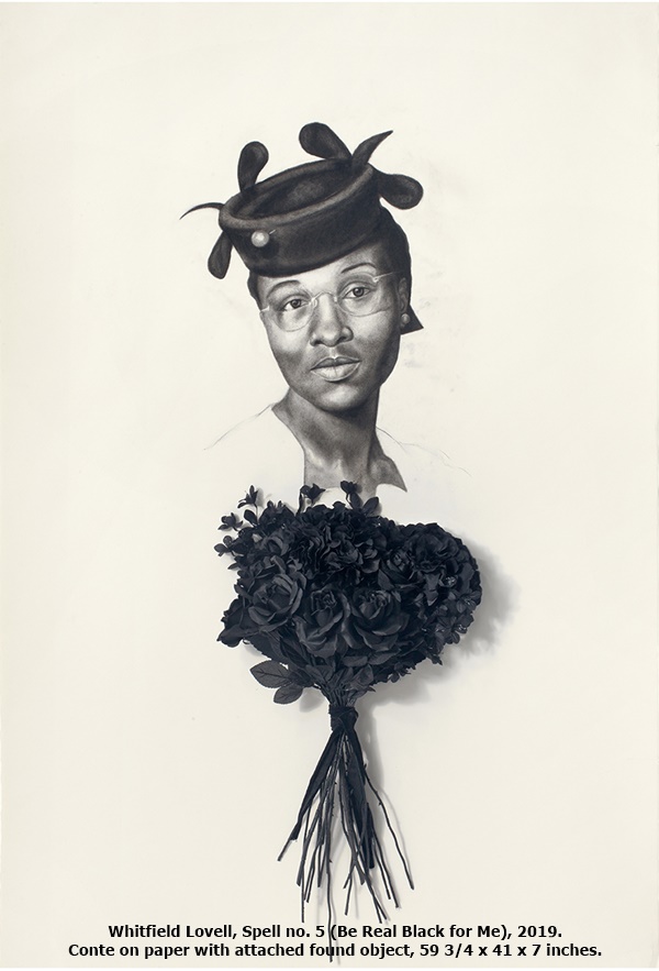 click to enlarge- double click to reduce Whitfield Lovell, Spell no. 5 (Be Real Black for Me), 2019. Conte on paper with attached found object, 59 3/4 x 41 x 7 inches.
