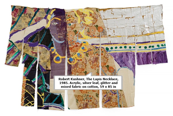 click to enlarge- double click to reduce Robert Kushner, The Lapis Necklace, 1985. Acrylic, silver leaf, glitter and mixed fabric on cotton, 59 x 85 inches